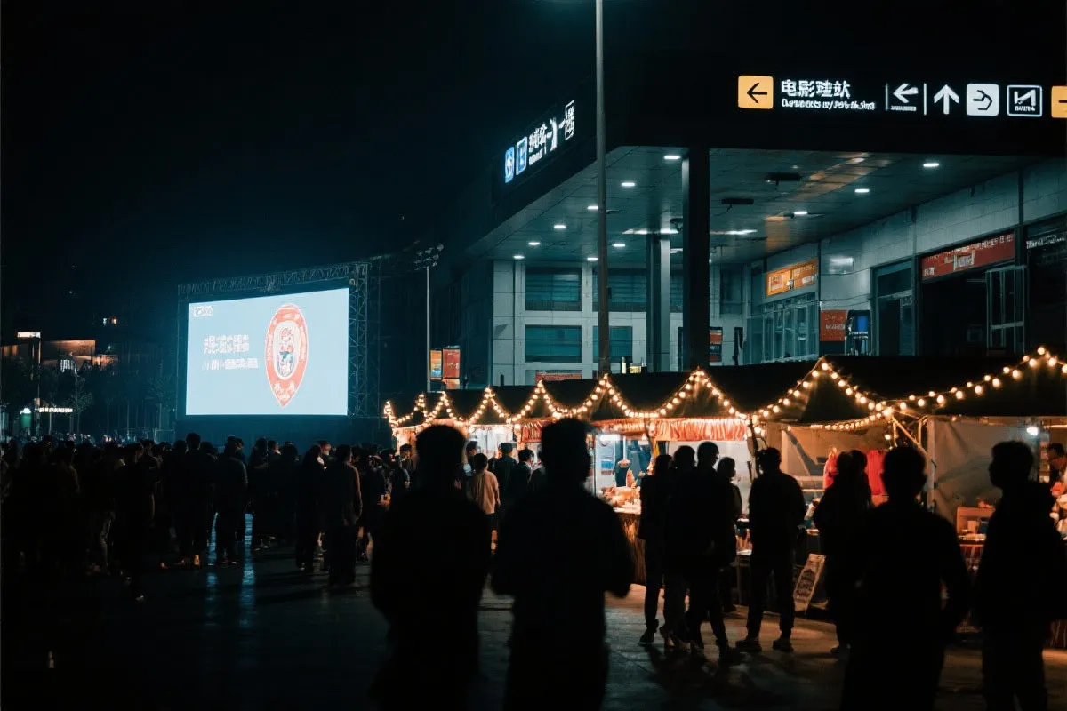 费城球迷广场夜景：大屏观赛人群、步行指示牌与公共交通入口